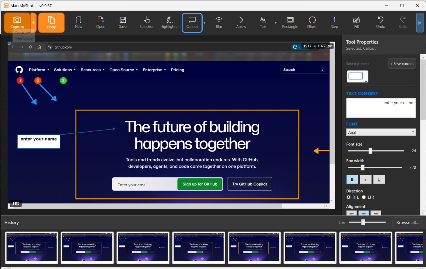 Actual MarkMyShot editor window: toolbar with capture and annotation tools, an annotated web page with steps, arrows and a callout, tool properties panel, and the history strip