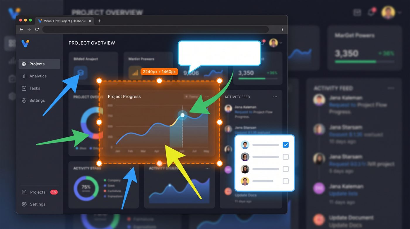 MarkMyShot capturing a dashboard: a selection frame with size badge, colorful arrows, a callout bubble and a checklist overlay